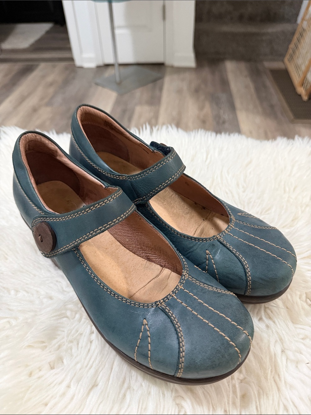 Sanita Teal Mary Jane Leather Shoes with Button Strap Size 40